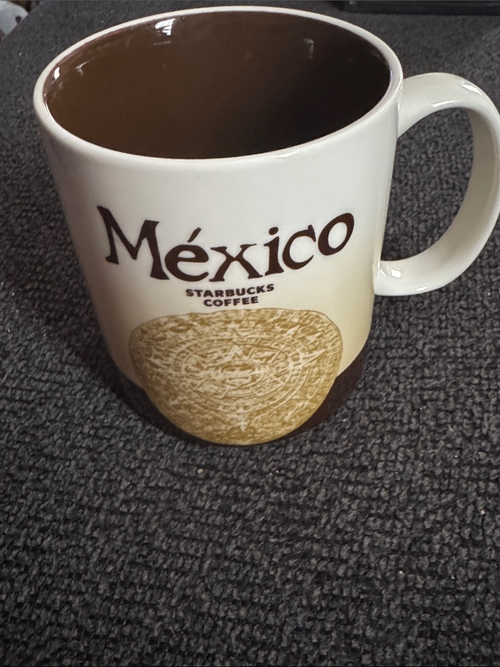 Starbucks México Ceramic Mug in Brown and Cream with Gold Medallion Design